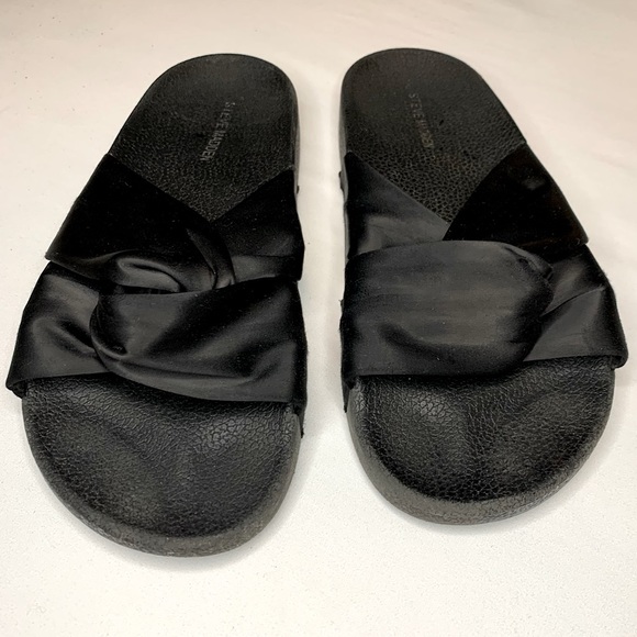 Vintage Steve Madden Black Satin Chunky Slide Sandals - Picture 4 of 5
